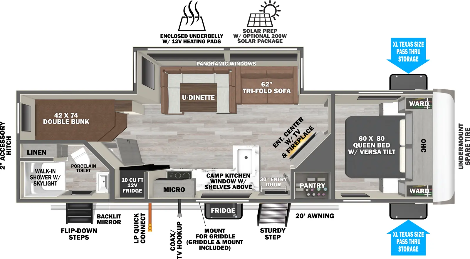 The Heritage Glen Travel Trailers 25BHHL has two entries and one slide out. Exterior features include: fiberglass exterior and 20' awning. Interiors features include: bunk beds, u-dinette and front bedroom.